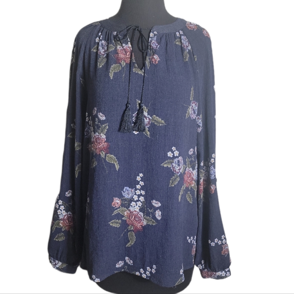 Fred David blue floral peasant top long sleeve tassel tie neck women's large